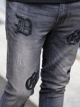 レザーパッチデニムパンツ