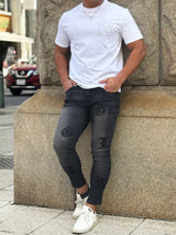 レザーパッチデニムパンツ