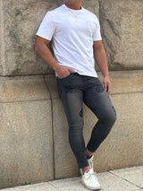 レザーパッチデニムパンツ