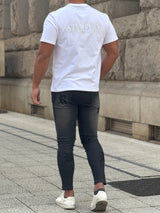 レザーパッチデニムパンツ