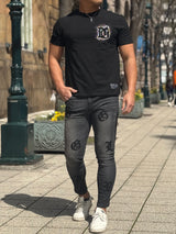 レザーパッチデニムパンツ