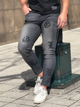 レザーパッチデニムパンツ