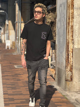 レザーパッチデニムパンツ