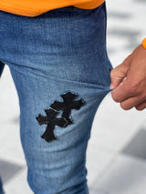 クロスパッチデニムパンツ